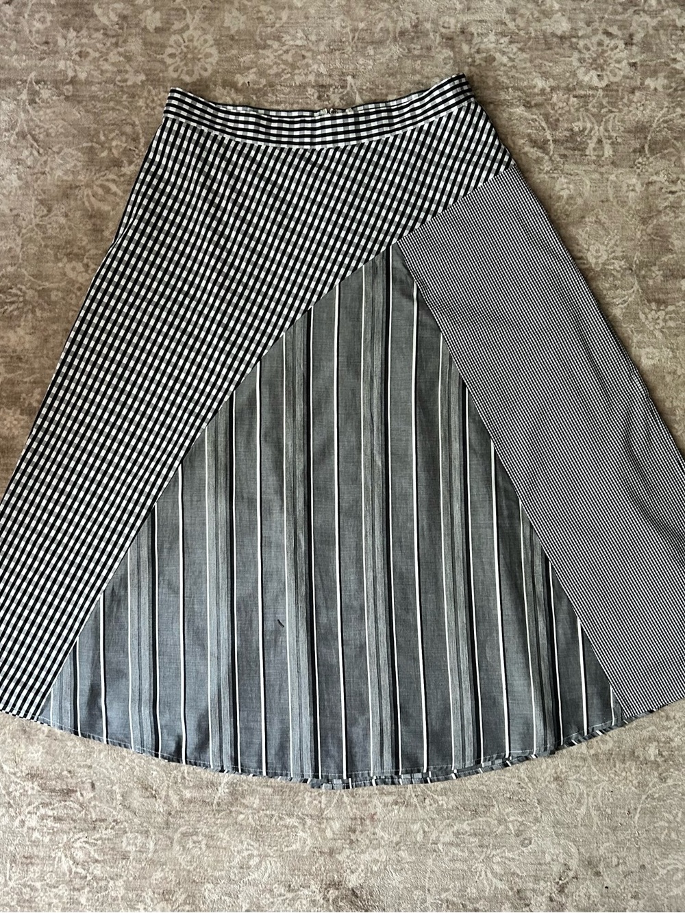 Abbey Glass Large Black & White Mixed-Stripe A-Line Skirt
